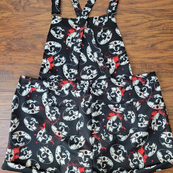 Hot Topic FRIDAY THE 13TH Jason Mask Blood Splatter Black Shortalls sz 3 NWT - Picture 3 of 6